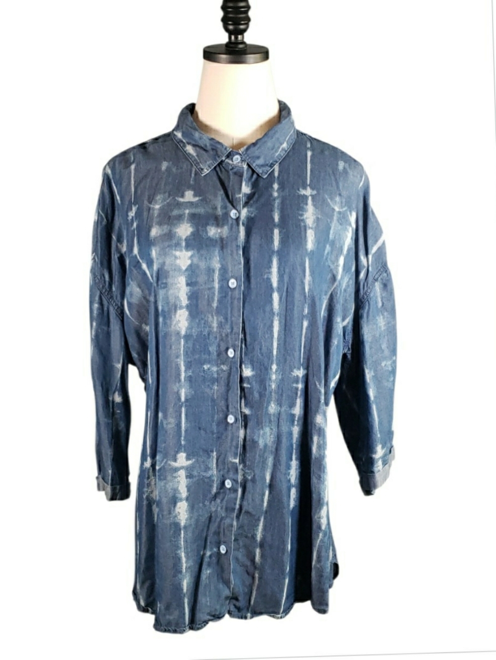 Laurie Felt Indigo Tie-Dye Long Sleeve Easy Painter Tencel Button-Down Shirt XL